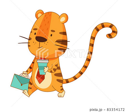 Cute little tiger walking with suitcase and coffee cup. Adorable animal businessman character cartoon vector illustration Cute little tiger walking with suitcase and coffee cup. Adorable animal businessman character cartoon vector illustration 83354172