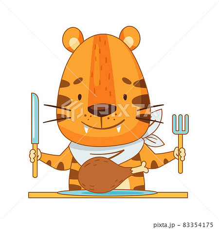 Cute little tiger having breakfast. Adorable baby animal character cartoon vector illustration Cute little tiger having breakfast. Adorable baby animal character cartoon vector illustration 83354175