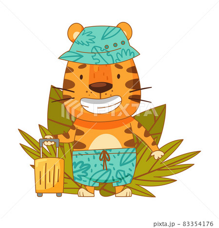 Cute little tiger traveling on summer vacation. Adorable baby animal character cartoon vector illustration Cute little tiger traveling on summer vacation. Adorable baby animal character cartoon vector illustration 83354176