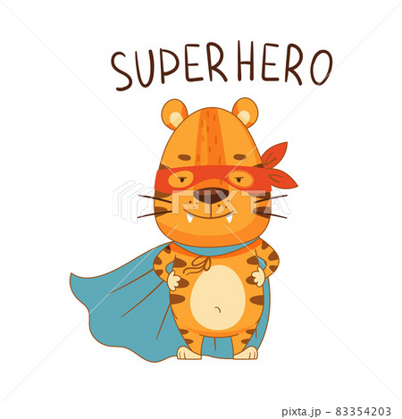 Cute little tiger superhero in blue cape and mask. Adorable baby animal character cartoon vector illustration Cute little tiger superhero in blue cape and mask. Adorable baby animal character cartoon vector illustration 83354203
