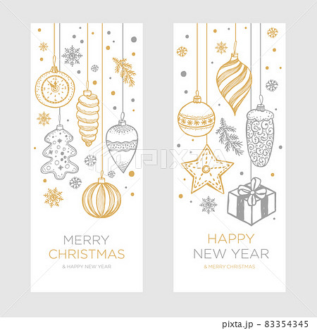 Christmas an New Year Hand drawn retro banner set with balls, toys and snowflakes, for xmas design in gold and silver retro style. Vector illustration on white background. Christmas an New Year Hand drawn retro banner set with balls, toys and snowflakes, for xmas design in gold and silver retro style. Vector illustration on white background. 83354345