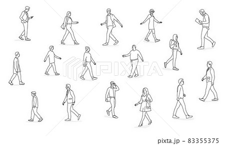 Crowd of tiny people walking. Different people. 83355375
