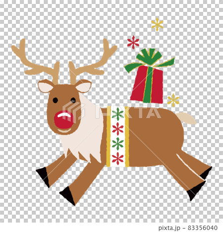 クリスマスプレゼントを背負って走る赤い鼻のトナカイ_クレヨンタッチ