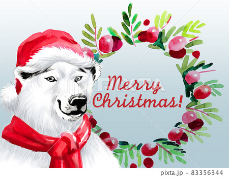 Polar bear in Santas hat and Christmas wreath. Ink and watercolour drawing 83356344