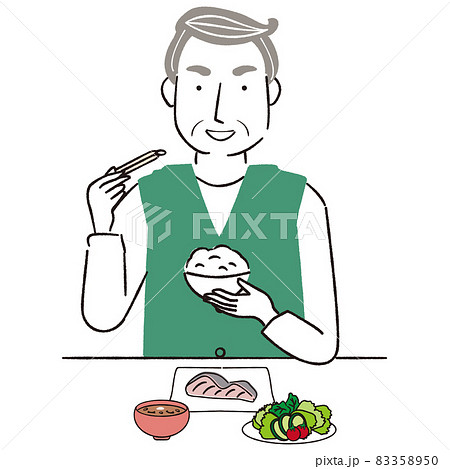 手書き線画カラーイラスト　シニア男性　食事　笑顔 83358950