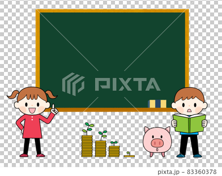 Boys and girls studying money in front of the blackboard Boys and girls studying money in front of the blackboard 83360378