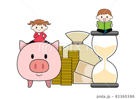 勉強をする子どもたちと砂時計と豚の貯金箱とお金 83360386