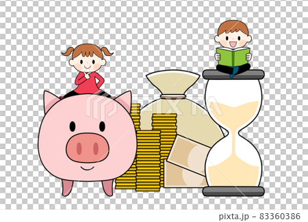 勉強をする子どもたちと砂時計と豚の貯金箱とお金 83360386