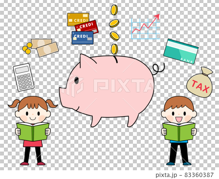 お金の勉強をする子供たちと豚の貯金箱 83360387