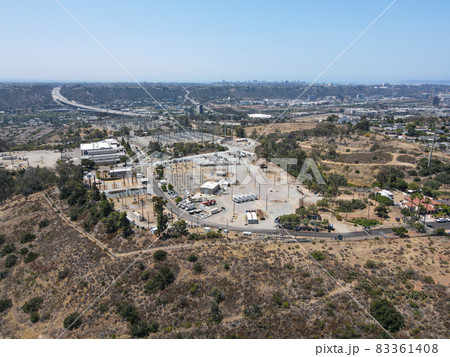 Aerial view of of small trails in the valley of Mission City and Serra Mesa in San Diego County 83361408