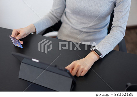 Shopping online concept a young woman using her credit card to facilitate   an online purchasing in online shopping application 83362139