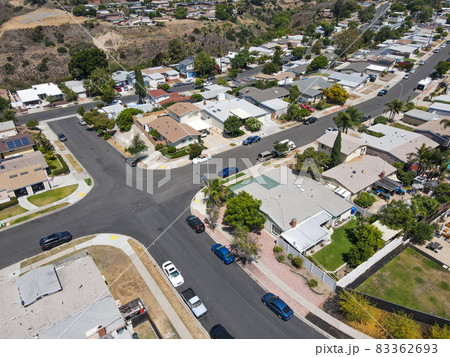 Aerial view of small street with middle class houses in Mission City in San Diego 83362693