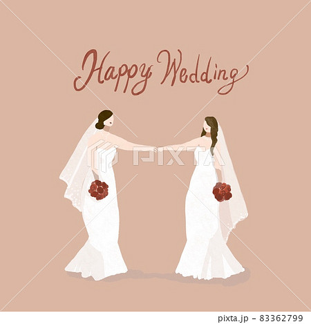 手を繋いだ同性カップル 女性 ウエディング 結婚式 フレーム ハート レズビアン Bのイラスト素材