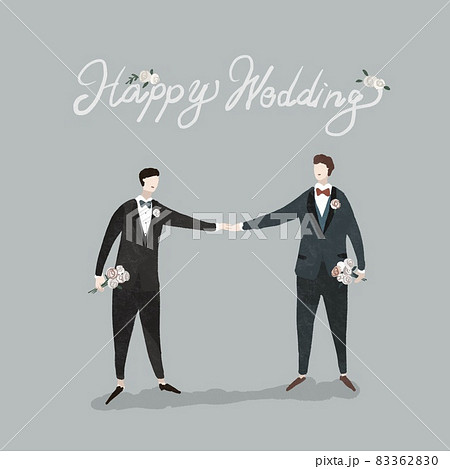 手を繋いだ同性カップル 男性 ウエディング 結婚式 フレーム ハート ゲイ Cのイラスト素材 36
