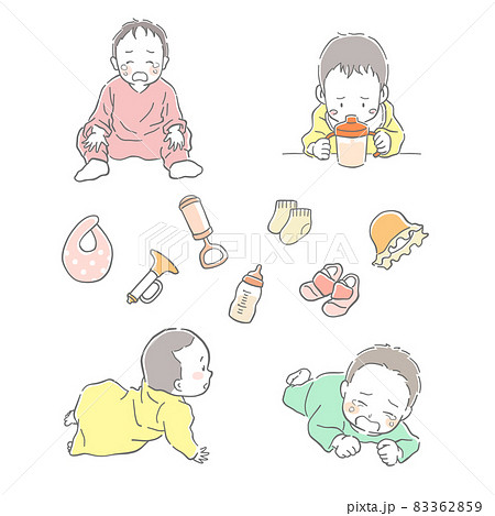様々な表情の赤ちゃんとベビー用品のイラスト素材 83362859