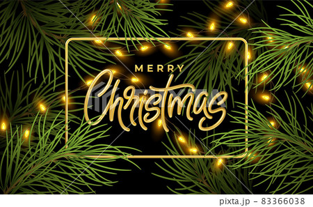 Christmas background with realistic branches of a Christmas tree with glowing electric garland. Background for a Christmas greeting, postcard, banner. Vector illustration 83366038