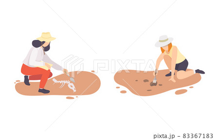 Woman Archaeologist with Brush Searching for Material Remains Vector Set Woman Archaeologist with Brush Searching for Material Remains Vector Set 83367183