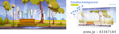 Parallax background city park with bench at rain Parallax background city park with bench at rain 83367184