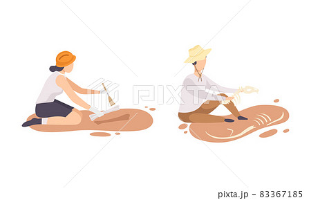 Man and Woman Archaeologist with Brush Searching for Material Remains Vector Set Man and Woman Archaeologist with Brush Searching for Material Remains Vector Set 83367185