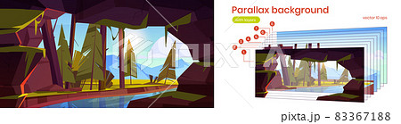 Parallax background with cave, river and forest Parallax background with cave, river and forest 83367188