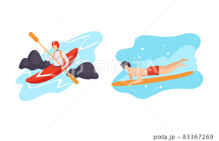 Man Character Engaged in Extreme Sport Kayaking and Surfboarding Vector Set 83367269