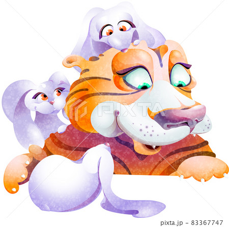 Cartoon tiger cuddles with hares. A cartoon rabbit sits on the tiger's head. Imitation of watercolor painting. Isolated on a white background. 83367747