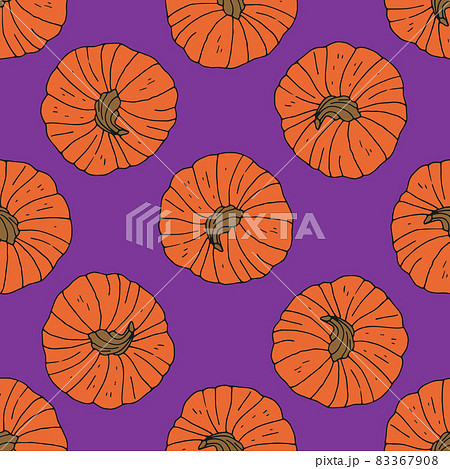 Seamless pattern with hand drawn pumpkins. Purple background. Seamless pattern with hand drawn pumpkins. Purple background. 83367908