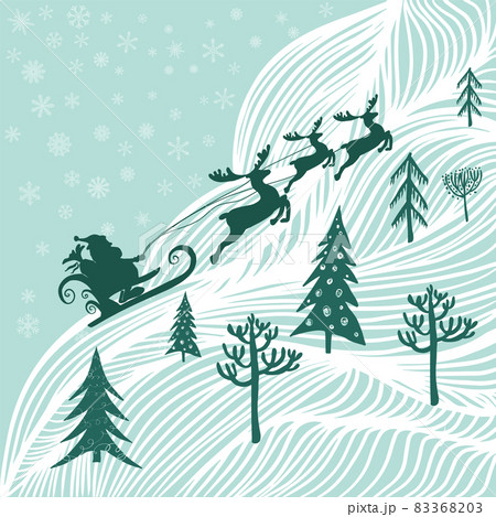 Vector illustration of Santa sleigh flying over snowy north woods 83368203