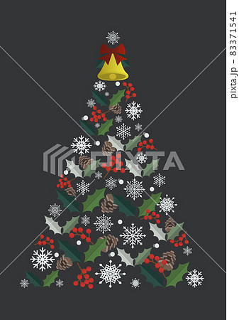 イラスト素材 雪の結晶とヒイラギや松ぼっくりでできたシンプルなクリスマスツリーのイラスト素材