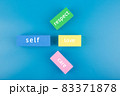Mental health formula concept. Self respect, love and care written on multicolored rectangles on blue background 83371878