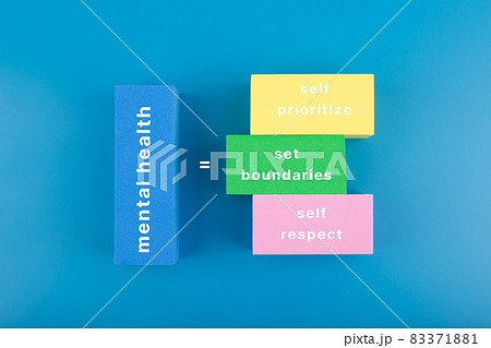 Mental health formula concept. Self prioritize, set boundaries and self respect written on multicolored rectangles on blue background 83371881