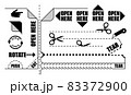 Vector set of Open here label, Tear stripe, Push sign, Cut line, Rotate arrow, Corner sticker with simple illustrations of scissors, knife, zip, pointing finger hand symbols for product package. 83372900