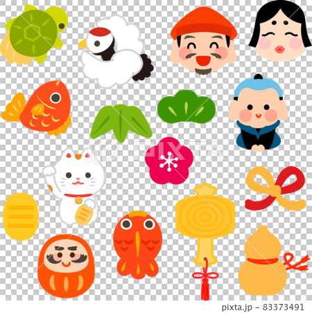 日本の縁起物のデフォルメイラストセット 日本の縁起物のデフォルメイラストセット 83373491