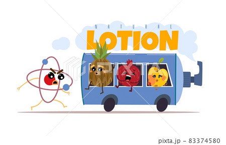 Cosmetics parabens free. Natural lotion. Cartoon bottle bus with fruits mascots. Skin care product without chemical artificial ingredients. Organic moisturizing cream. Vector concept 83374580