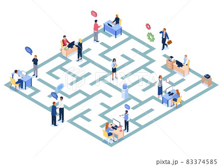 Bureaucratic maze. Labyrinth with working government officials. Bureaucracy paperwork riddle. Administrative barriers and problems. People searching way out of deadlocks. Vector concept 83374585