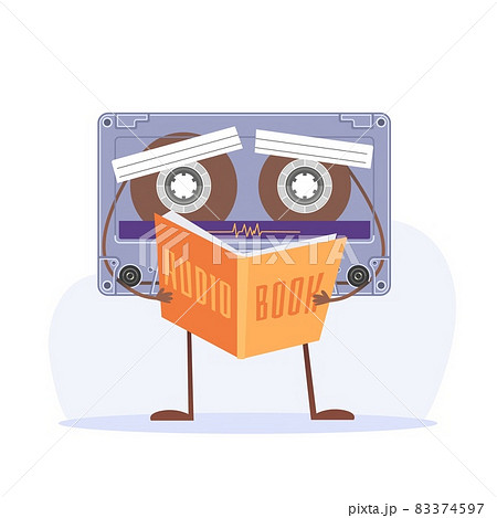 Audiobook. Cartoon cassette mascot holding book. Funny character reading book. Electronic fiction or educational literature listening. Retro mixtape declaiming textbook. Vector concept Audiobook. Cartoon cassette mascot holding book. Funny character reading book. Electronic fiction or educational literature listening. Retro mixtape declaiming textbook. Vector concept 83374597