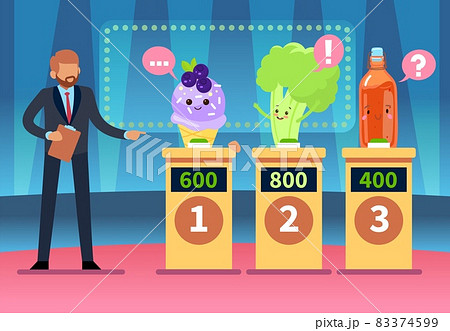 Advantage vegetables. Intellectual contest leader. Cartoon food characters competition. Benefits of healthy meal. Erudition tournament television show. Celery winner mascot. Vector concept Advantage vegetables. Intellectual contest leader. Cartoon food characters competition. Benefits of healthy meal. Erudition tournament television show. Celery winner mascot. Vector concept 83374599