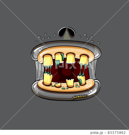 Vector cartoon funny silly zombie monster mouth with rotten teeth isolated on grey background. Vector happy Halloween kids t-shirt design template with funky monster mouth 83375862