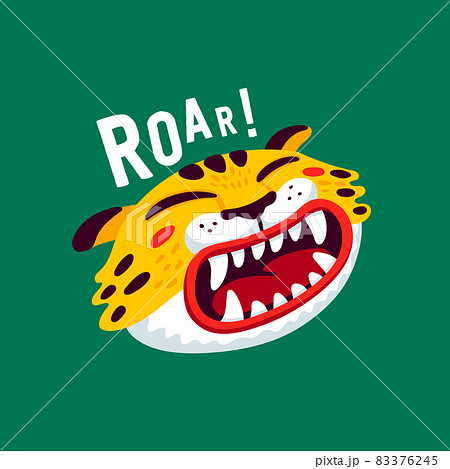 Tiger vector head, cartoon tiger funny face and roar text. Organic flat style vector illustration 83376245