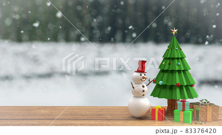 The Christmas tree and snow man on wood table for holiday celebration or promotion business background 3d rendering. The Christmas tree and snow man on wood table for holiday celebration or promotion business background 3d rendering. 83376420