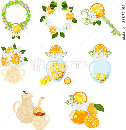 リースや鍵や花瓶や瓶詰めキャンディなどの可愛いオレンジのアイコンいろいろのイラスト素材