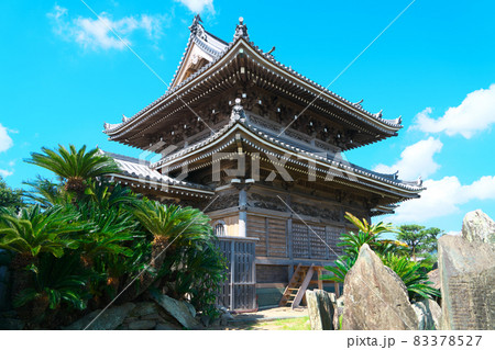 【四国八十八ヶ所】第十五番　阿波国分寺の本堂とソテツと秋の青空　徳島県徳島市 83378527