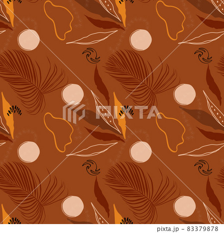 Abstract tropical seamless pattern with shapes and leaves in brown, black, white and beige on light background. Wall art, greeting card, social media post, botanical paper design.  83379878