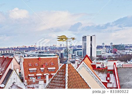 Classic iconic view of Tallinn old city cityscape skyline from observation deck in winter 83380022