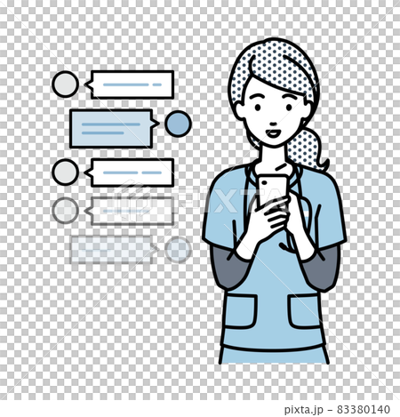 A nurse woman who stands up and has a fun chat conversation on her smartphone A nurse woman who stands up and has a fun chat conversation on her smartphone 83380140