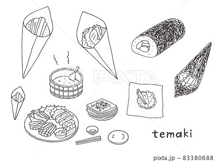 手巻き寿司の手描きイラストセット(モノクロ) 手巻き寿司の手描きイラストセット(モノクロ) 83380688