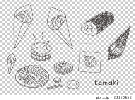 手巻き寿司の手描きイラストセット(モノクロ) 手巻き寿司の手描きイラストセット(モノクロ) 83380688