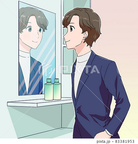 鏡で自分の姿を見ている男性のイラストのイラスト素材