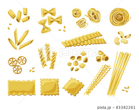 Different types of pasta. Italian noodles and macaroni.Decor of the restaurant menu of Italian cuisine. Vector cartoon set. 83382261