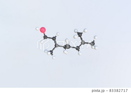 Geraniol molecule made with balls, isolated molecular model. 3D rendering 83382717